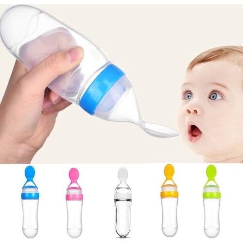 90ml Silicone Baby Feeding Bottle With Spoon Newborn Infant Squeeze Spoon Toddler Food Supplement Rice Cereal Bottle Milk Feeder