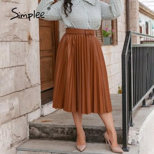 Simplee Office lady a-line pleated plus size skirt autumn High waist brown fashion skirt with belt Elegant wrap ladies bottoms