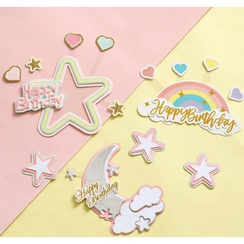 Happy Birthday Cake Topper Three-layer Star Moon Rainbow for Baby Shower Baking Supplies Girl`s Birthday Dessert Cupcake Decor