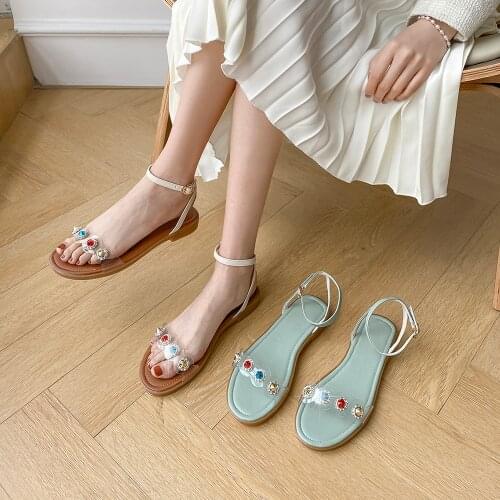 2021 Summer Women Flat Shoes Gladiator Open Toe Beach Sandals Ankle Strap Roman Ladies Gem Sandals Zapatos Mujer Chaussure 41 42