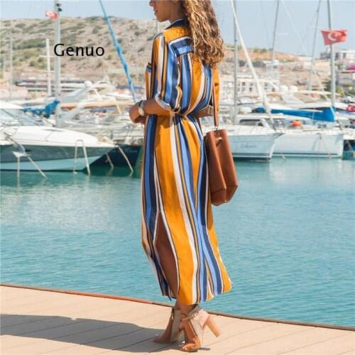 Collar Office Ladies Stripe Shirt Dress Long Boho Beach Dress Casual Long Sleeve Elegant Party Dress Vestidos