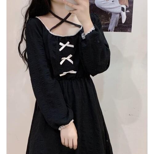 Japanese dark style retro Gothic lolita square neck lace bow little black dress high waist slim long sleeve dress women autumn