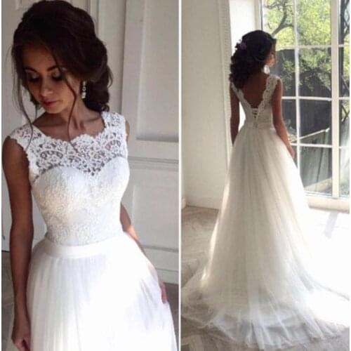 2021 Elegant O-Neck Open Back Lace-up A-Line Sweep Train Backless Sleeveless Wedding Dress Bride Gown Vestidos De Novia