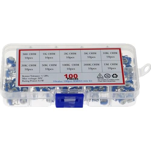100pcs/box 10value x 10pcs RM065 Horizontal Trimpot Potentiometer Assortment Kit