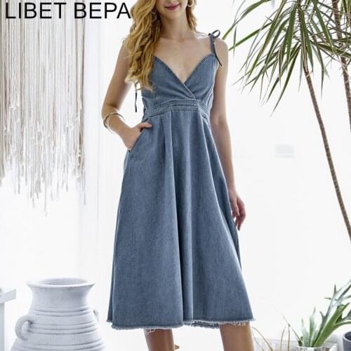2021 New Spring Summer Women Dress Preppy Stlye Casual V Neck Spaghetti Strap Denim A-Line High Waist Backless Midi Dress DR6017