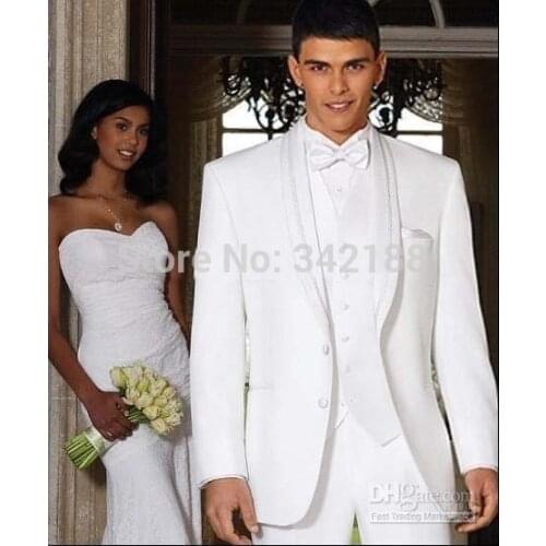 FREE New Design White Shawl Lapel Groom Tuxedos Groomsmen Best Man Suit Men Wedding Suits Bridegroom Suit(Jacket+Pants+Vest+Tie)