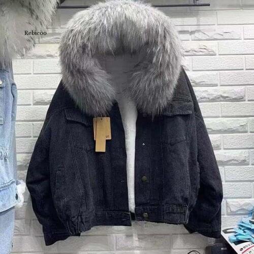 Women Fur Trim Hood Cotton Liner Long Denim Jackets Women Winter Hardy Warm Denim Coats Jackets Plus Size Loose Outwear