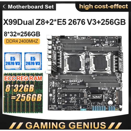 SZMZ X99 Dual CPU Socket LGA 2011 v3 Motherboard Set With Xeon E5 2676V3 + 8*32gb DDR4 2400MHZ ECC REG RAM MSATA M.2 PCIE 16X