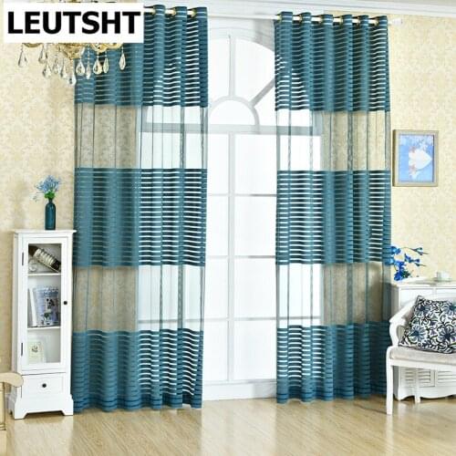 Fashion Voile Blue Curtains for Living Dining Room Bedroom Stripes Tulle for Window Treatment Home Decoration White Panel Sheer