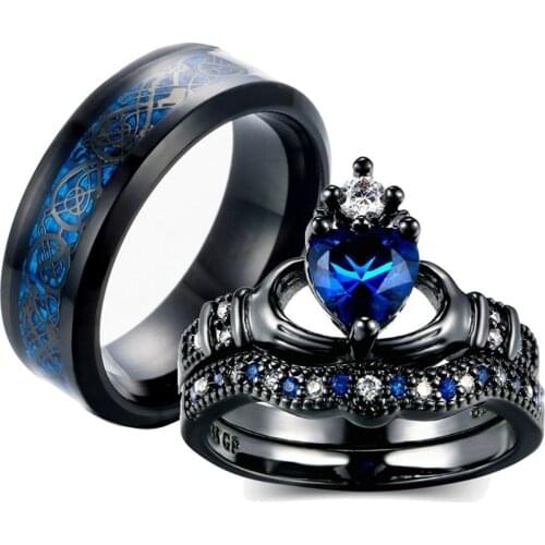Charming Couple Ring Stainless Steel Black Mens Ring Blue Zircon Womens Ring Set Valentines Day Wedding Ring Jewelry