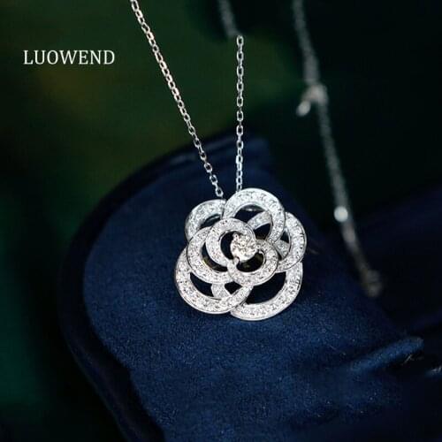 LUOWEND 18K Solid White Gold Pendant Necklace Real Natural Diamond New Fashion Exquisite Women Engagement Female Rose Shape