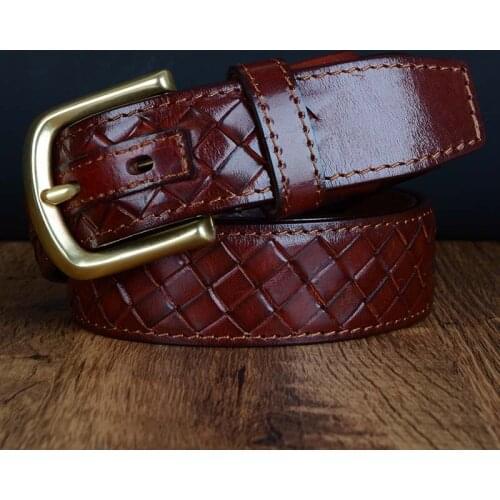 Fashion Luxury Design Braided Belt Pure Copper Button Mens Full Grain Leather Breathable Jeans Belt Cowskin Men Cintura