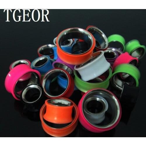 Retail 1pcs double flare silicone and stainless steel mixed colors ear tunnels 100% NEW
