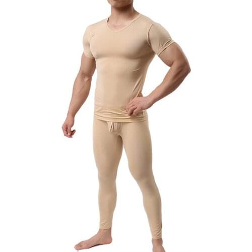 Sexy Men Undershirts Sets Ultra-thin Transparent T-shirts Leggings Pants Pullover Trousers Underwear Sleepwear Suits Plus Size