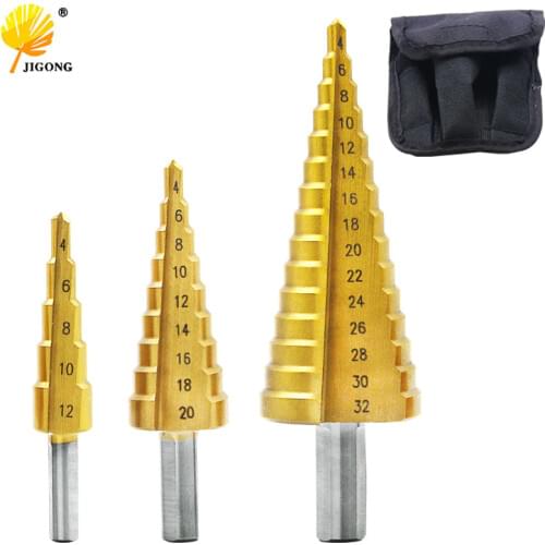 3pcs/lot HSS Steel Large Step Cone Titanium Coated Metal Drill Bit Cut Tool Set Hole Cutter 4-12/20/32mm
