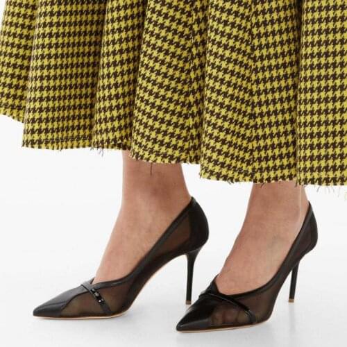 Pumps High Heels Sandals Mesh Splicing Lady Shoe Pointed Toe Solid Black Slip-on Shallow Thin Heel Women Shoes Sandalias Mujer