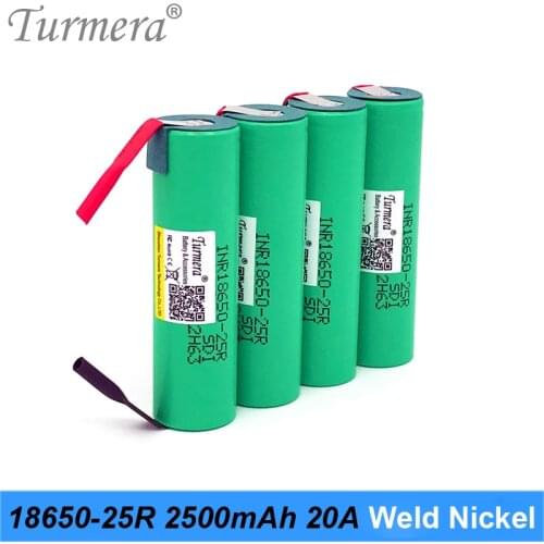 Turmera New 25R 18650 2500mAh Battery 20A with Welding Nickel for 12V 14.4V 18V 21V 25V Electric Drill Screwdriver Batteries Use
