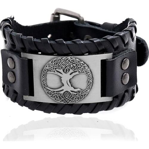 Viking Cosmic Tree Pattern Wide Wrap Bangle Braided Genuine Leather Bracelet Jewelry Punk Men Jewelry Pulsera Hombre