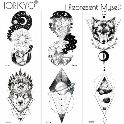 Waterproof Round Style Fake Black Diamond Tattoo For Women Men Moon Wolf Arm Temporary Tattoos Stickers Comping Body Art Tatoo