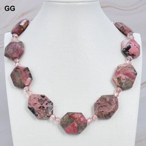 GuaiGuai Jewelry 22'' 23x28MM Natural Pink Rhodochrosite Nugget Pink Crystal Necklace