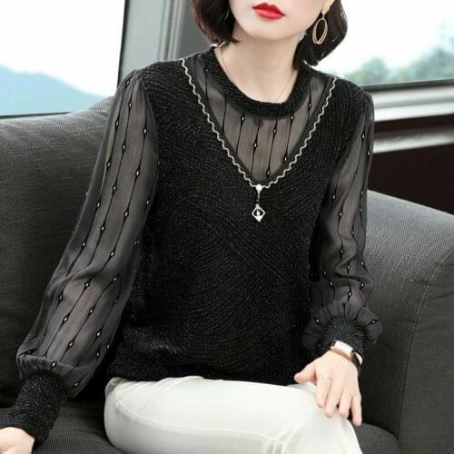 Women Spring Autumn Style Chiffon Blouse Shirts Casual Stand Collar Dot Printed