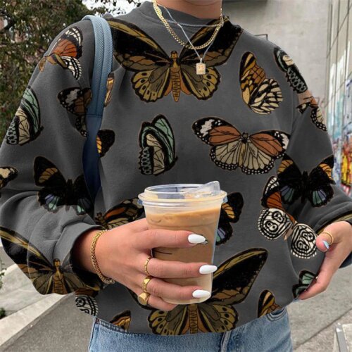 Hoodies Women Autumn Winter Casual Loose Pullover Butterfly Print Long Sleeve Plus Size Harajuku Female De Moda Streetwear