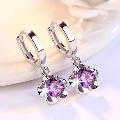 LUKENI Shiny Crystal Purple Flower Women Drop Earrings For Girl Birthday Gift Top Quality 925 Sterling Silver Earrings Lady Gift