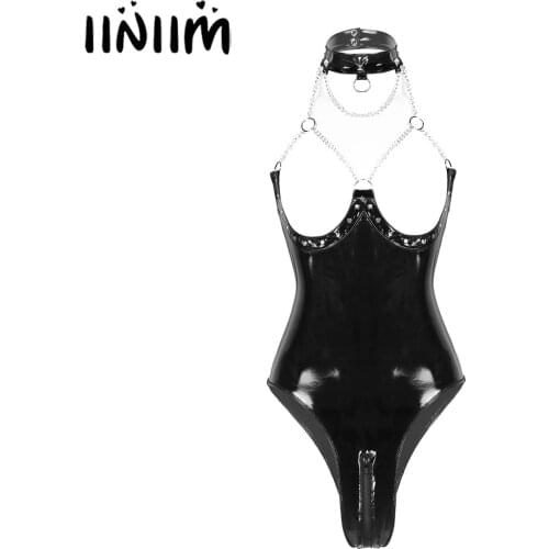 Iiniim Womens Sexy One-piece Wet Look Clubwear Patent Leather Lingerie Halter Neck Open Cups Zippered Crotch Bodysuit Nightwear