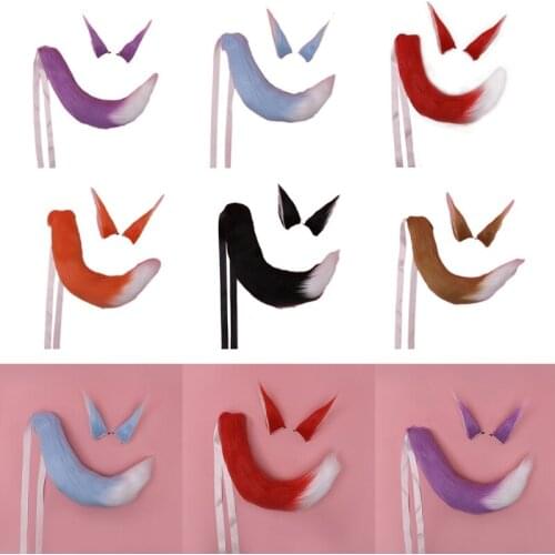 Women Long Fur Animal Ears Headdress Tail Set Plush Lolita Headwear Anime for Halloween Christmas Cosplay Accessories