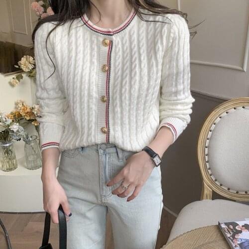 Woman Sweaters 2021 Korean Fashion Elegant Striped Single Breasted Long Sleeve Sweater Coat Knitted Short Cardigan Knitwear T525