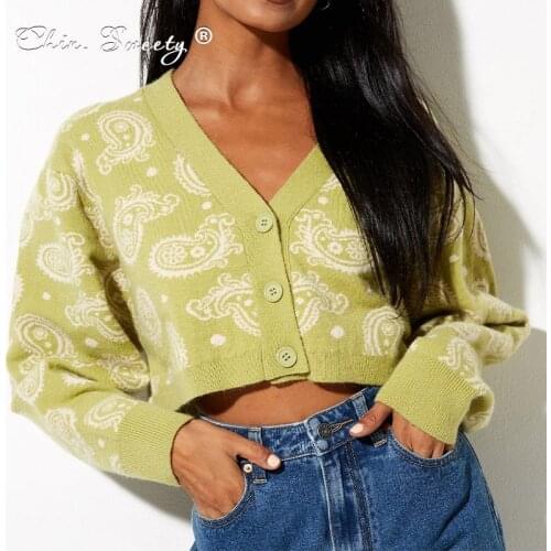 Womens Print Long Sleeve Cropped Knit Cardigan 2021 Autumn Single Breasted V-neck Sweaters Female Loose Office Lady Clothes