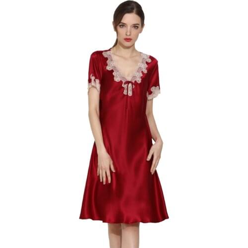 100% mulberry silk nightgown women spring and summer short-sleeved silk nightdress lace Sleeping dress lace silk sleepwear red
