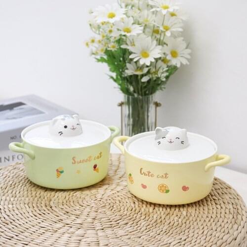 1000ML cartoon cute cat ceramic noodle bowl with lid rice bowl binaural heat insulation and anti-scald bowl tableware Gift