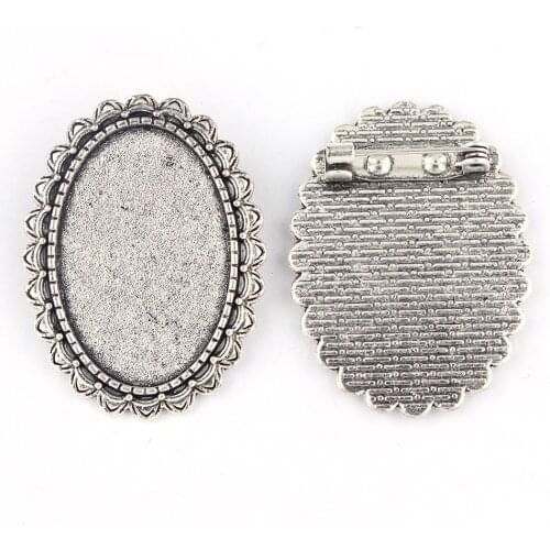 2 Pieces 30*20mm Internal Size Retro Round Lace Brooch Base Blank Convex Round Brooch Set Antique Sliver External Size 37.5*27mm