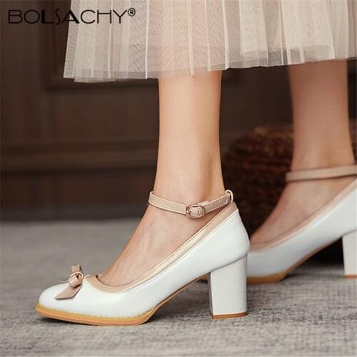 2021 Elegant Ankle Strap High Heels Sweet Women Pumps Thick Platform Mary Jane Ladies Party Shoes Buckle Bow Ladies Footwear