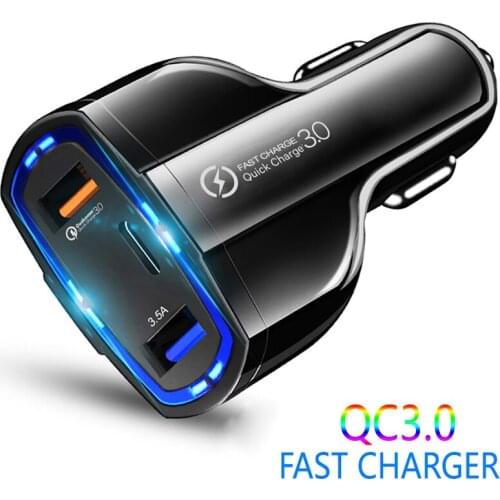 QC3.0 and Type-c Fast Car Charger Universal Mobile Phone Car Charger Outdoor Travel LED Display for USB-C and USB Car Charger