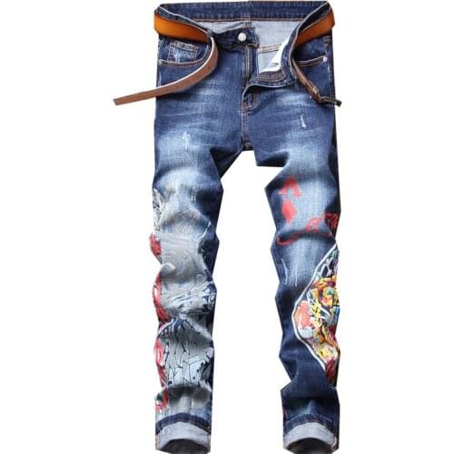 Hip Hop Casual Mens Graffiti Jeans Pants Blue Scratch Elastic Print Fashion Personality Trousers