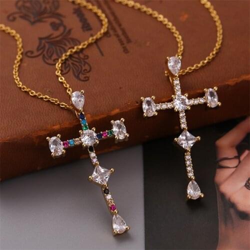Trendy Transparent Cubic Zirconia Copper Metal Cross Pendants Necklaces For Women Stainless Steel Chain Gold Color Necklace