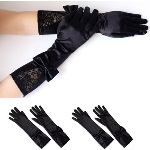 Black Satin Full Finger Long Gloves Floral Lace Patchwork Bow knot Wedding Mitten
