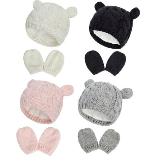 Baby Hat and Mittens Set Kids Knitted Beanie Cap Winter Warm Pompom Hats Gloves