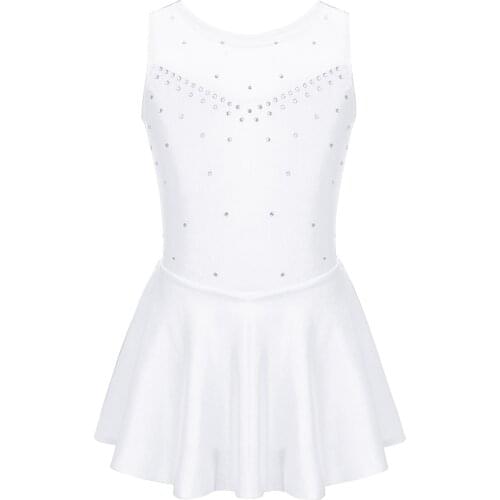 Kids Girls Ballet Dance Gymnastics Leotard Sleeveless Sparkly Rhinestone Tulle Back Figure Ice Skating Roller Skating Dress 6-14