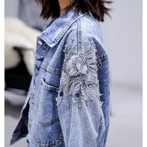 Denim Jacket Beaded Embroidered Denim Jacket Ladies Short Jacket Loose New Korean Version of All-match Jacket Jacket