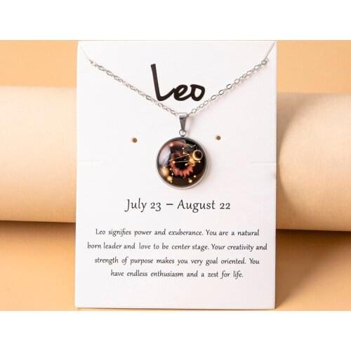 Classic 12 Constellation Zodiac Sign Star Glass Dome Cabochon Pendant Necklace Choker With Card Birthday Gift