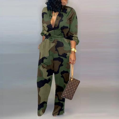 New Trendy Women Camouflage Printed Plus Size Long Sleeve Bodycon Jumpsuits Casual Wrap Belt Button Down Female Overall