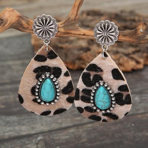 Wholesale Exaggerated Drop-Shaped Leather Leopard Print Earrings Womens Alloy Inlaid Turquoise Ancient Silver Long Earrings