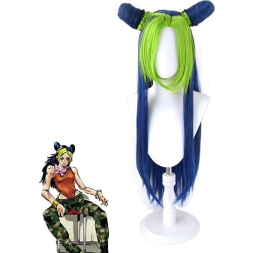 Jolyne Cujoh Cosplay Wig Jojos Bizarre Adventure Golden Wind Kujo Green Long Version Buns Braids Synthetic Hair Wigs + Wig Cap