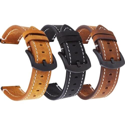 Watchband 18mm 19 20mm 21mm 22mm 24mm Retro Calf Leather Watch Strap Black Metal Buckle Genuine Leather Watch Band For Men Women