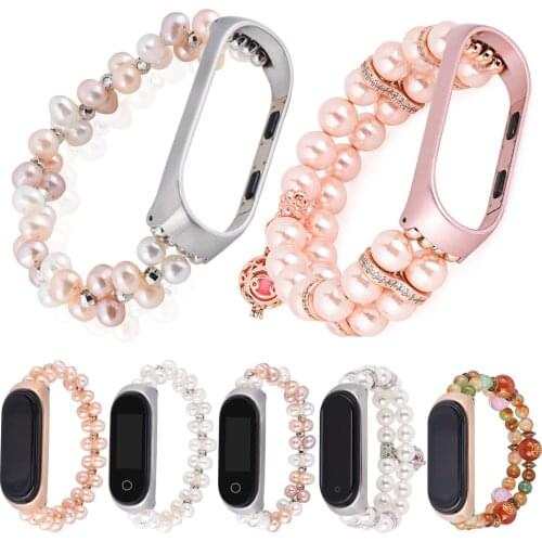 White Pink Pearls Bracelet Women Stretch Strap Watch Band for Xiaomi Mi Band 4 3 Watch Strap Replacement Wristband with Cover