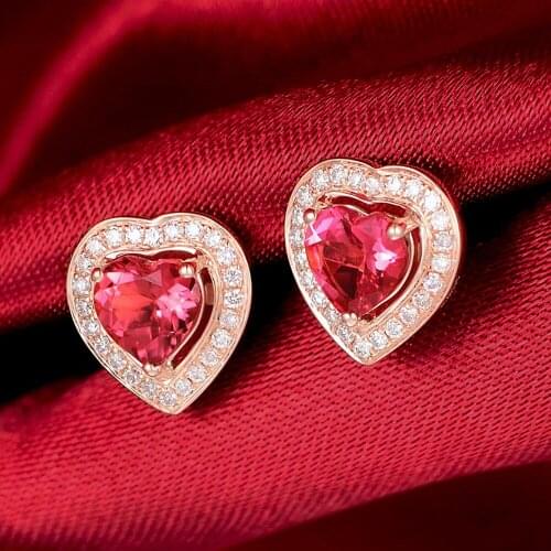 Rose gold tone heart red crystal ruby gemstones diamonds stud earrings for women classical jewelry bijoux cute accessories gifts
