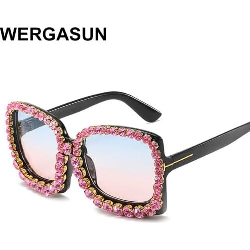 WERGASUN Oversized Rhinestone Frame Square Sunglasses Ladies Diamond Glasses Brand Designer Fashion Sun Glasses UV400